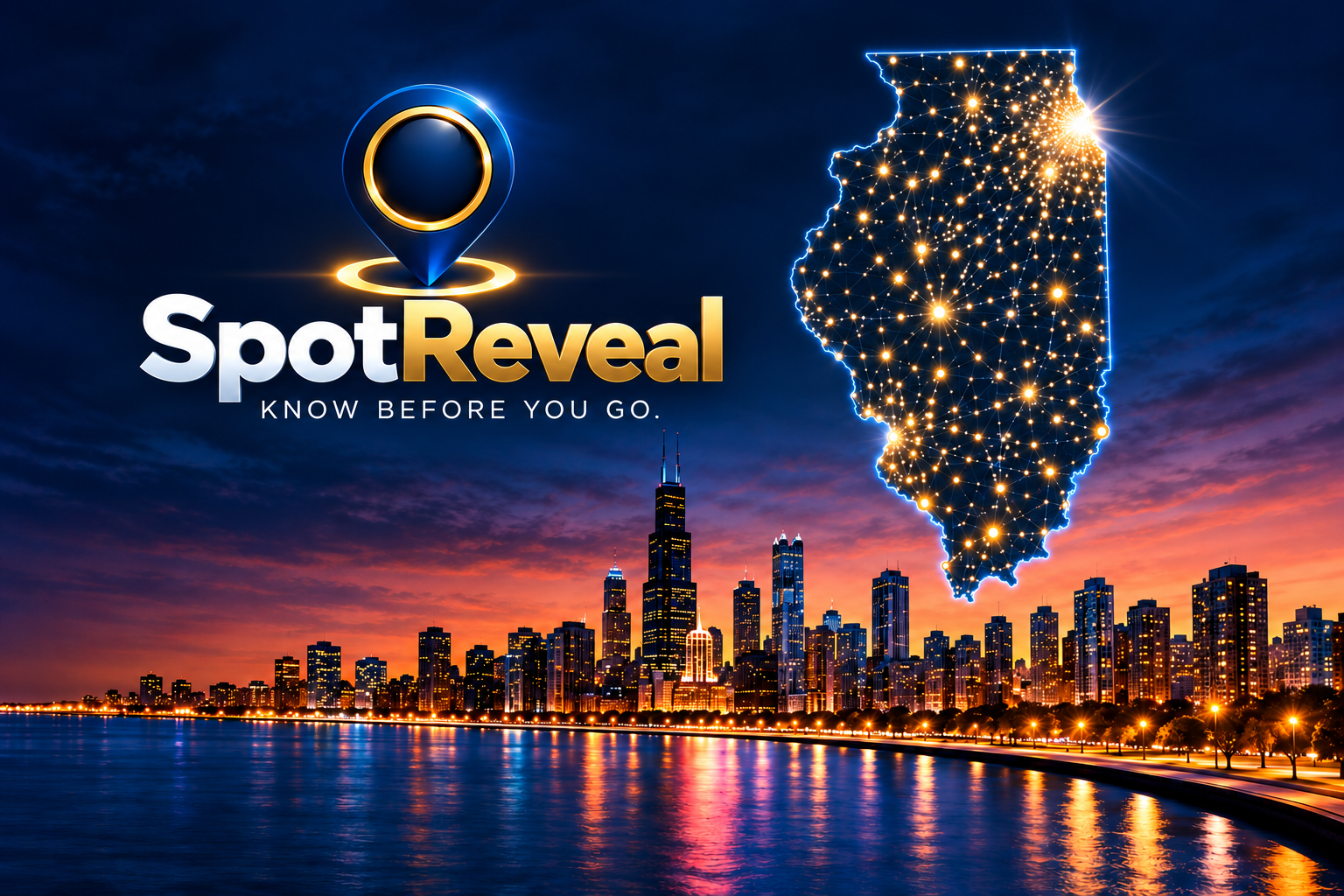 SpotReveal logo with an illuminated map of Illinois and the Chicago skyline